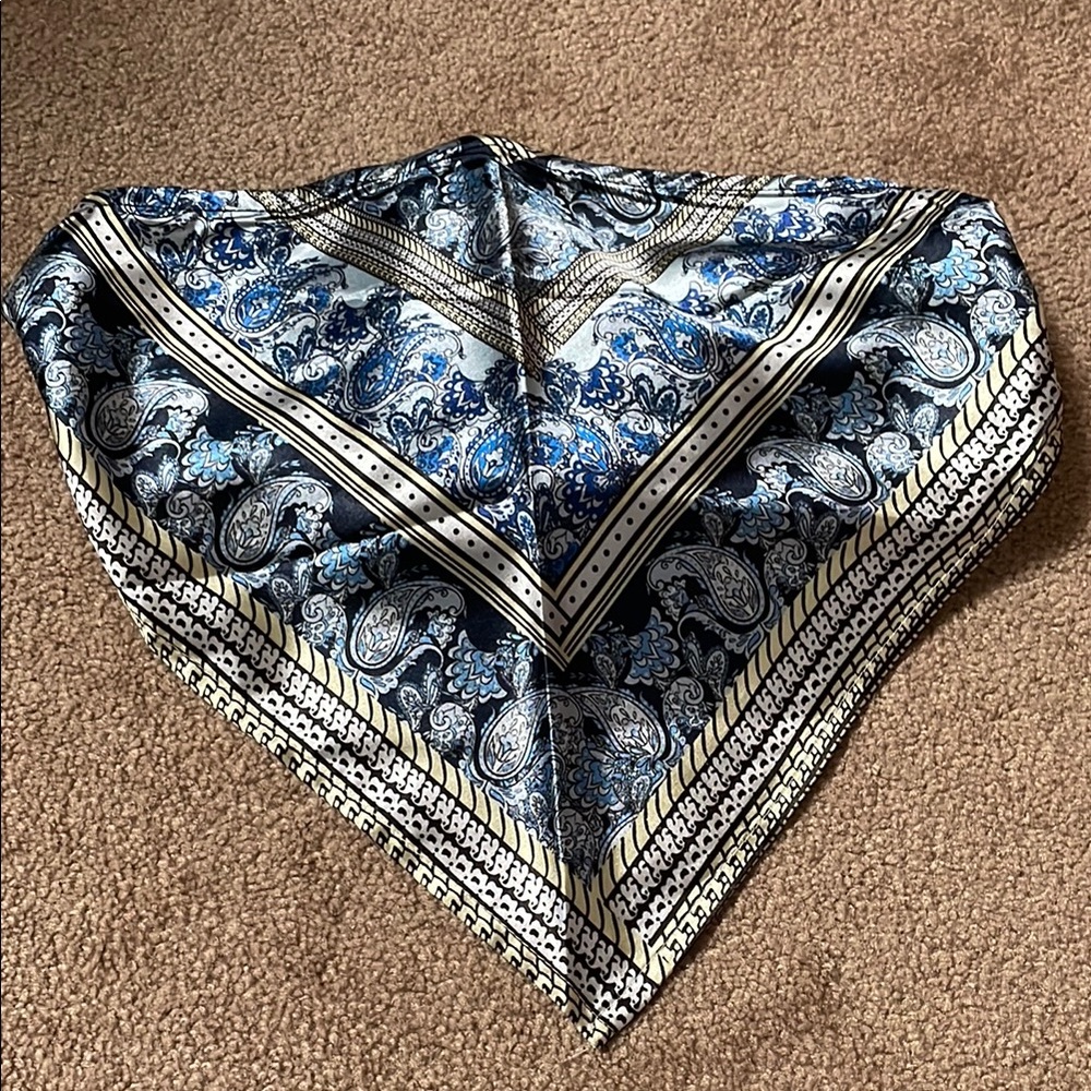 Paisley Faux Silk Scarf Bandana Strapless Crop Top - Shades of Blue and Cream